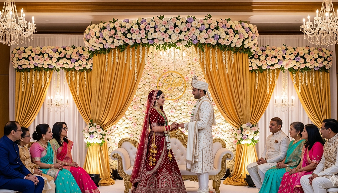 A couple celebrating with family beneath a flower decorated wedding canopy