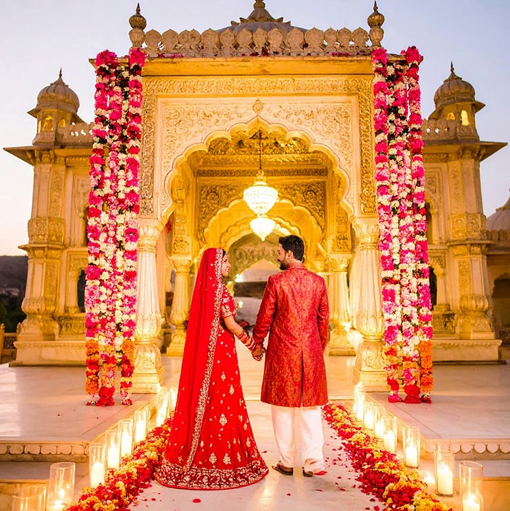 A couple walking together beneath a flower decorated Jaipur wedding arch